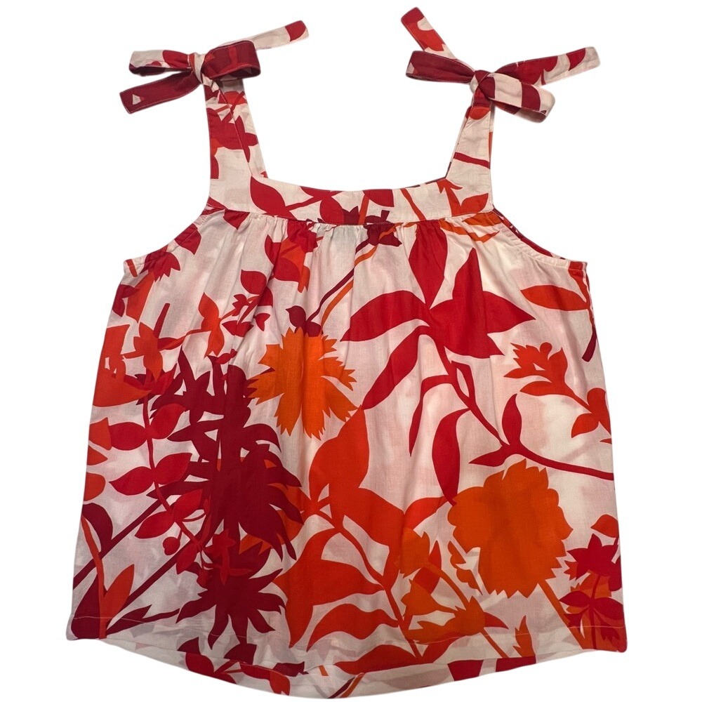a.n.a Tropical Floral Summer Top 100% Cotton Tie Shoulder Red and Orange Size L